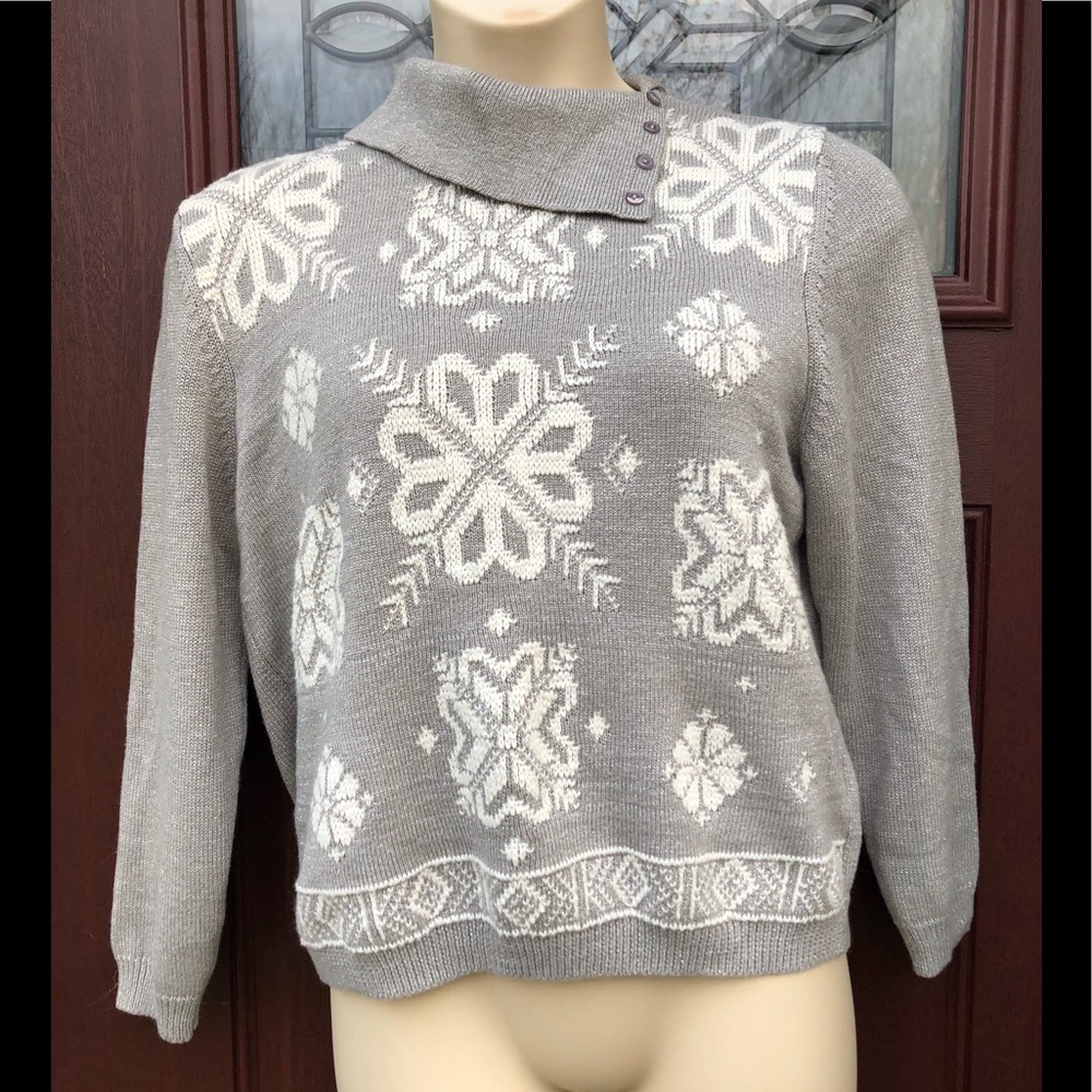 Silver Metallic Snowflake Cream Cowl neck Sweater